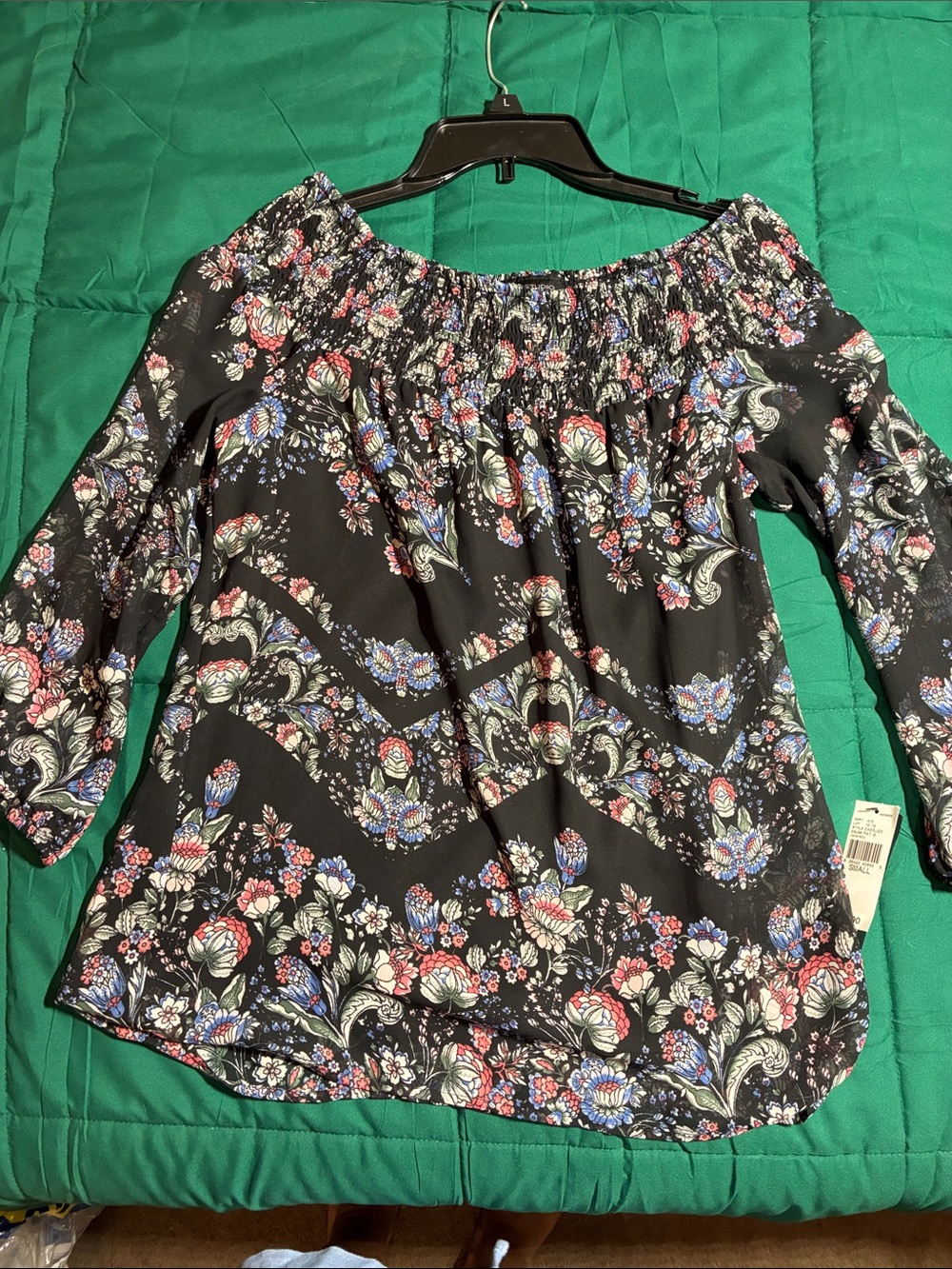 AB Studio Black Floral Off-Shoulder Smocked Top